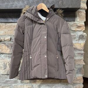 Calvin Klein Taupe Puffer Jacket with Faux Fur Trim